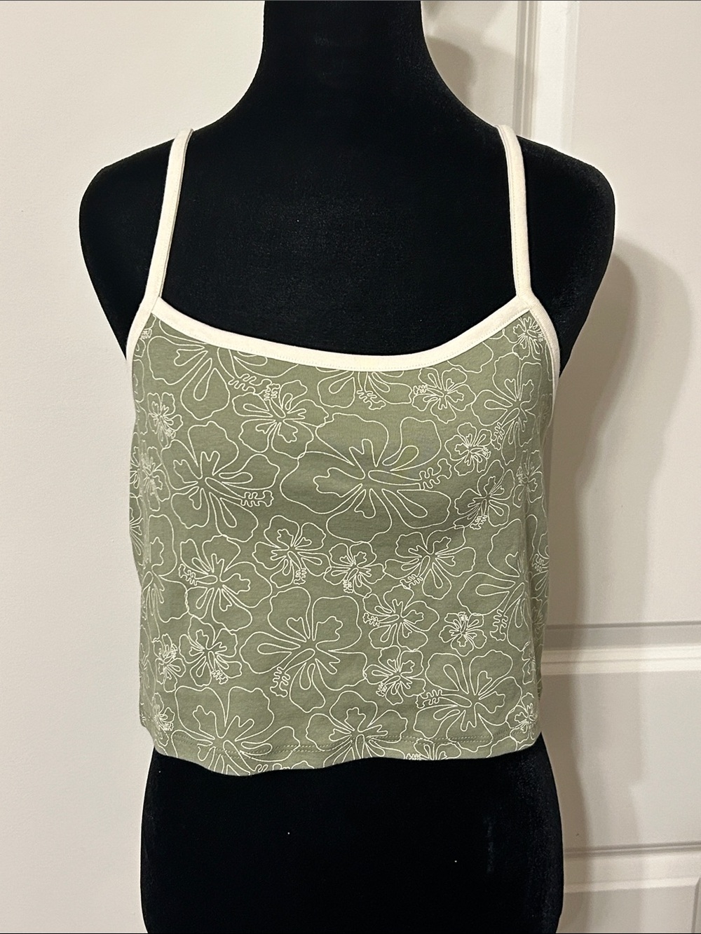 Olive Green Floral Print Spaghetti Strap Crop Top